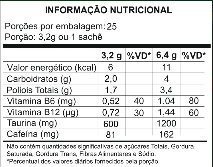Informação nutricional DOT: 25 porções por embalagem; porção de 3,2 g ou 1 sachê. Valores por sachê e por 6,4 g, com percentuais dos valores diários.